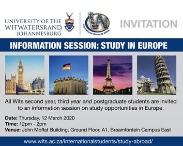 Wits Study in Europe Information Session - March 2020